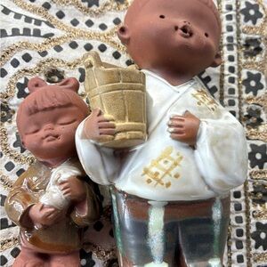 Two Vintage Japanese Redware Pottery Seto Girl Figurines